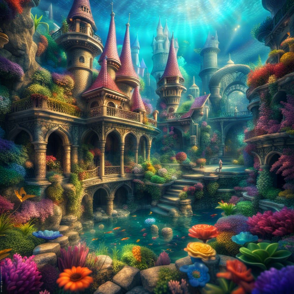 Colorful Underwater Castle Garden Fantasy Wonderland