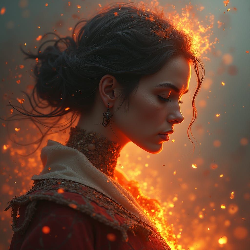 Resilient Woman Forged in Fire with Dramatic Lighting