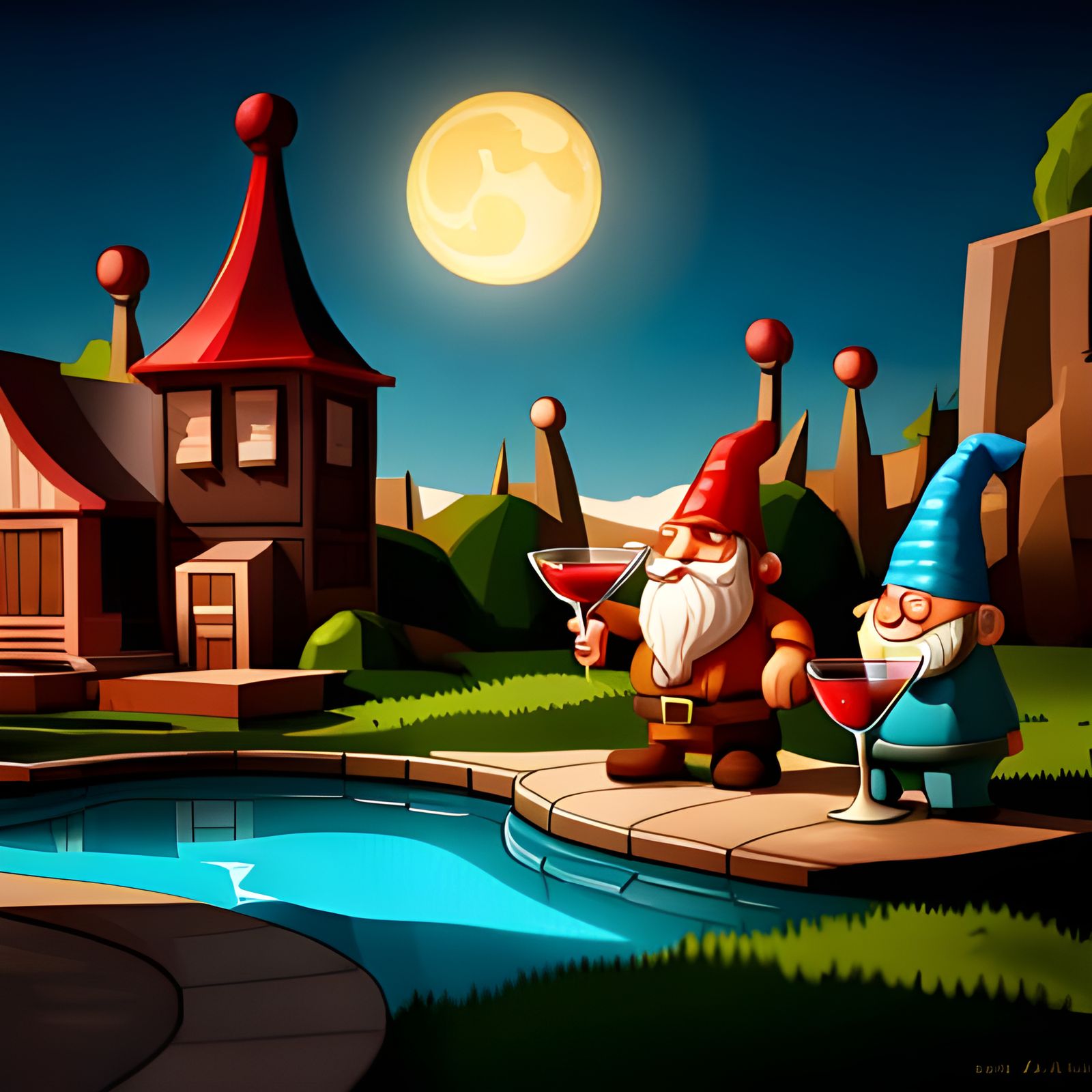 Gnomes Cocktail Party: Digital Art Backyard Scene