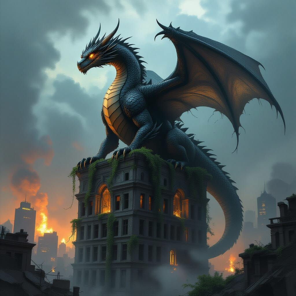 Ancient Dragon on Skyscraper in Post-Apocalyptic City