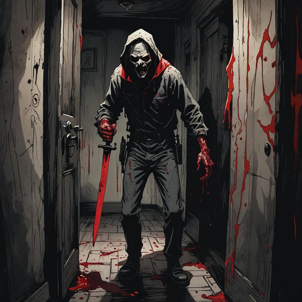 Creepy Cartoon Figure with Bloody Knife: Dark Comic Horror