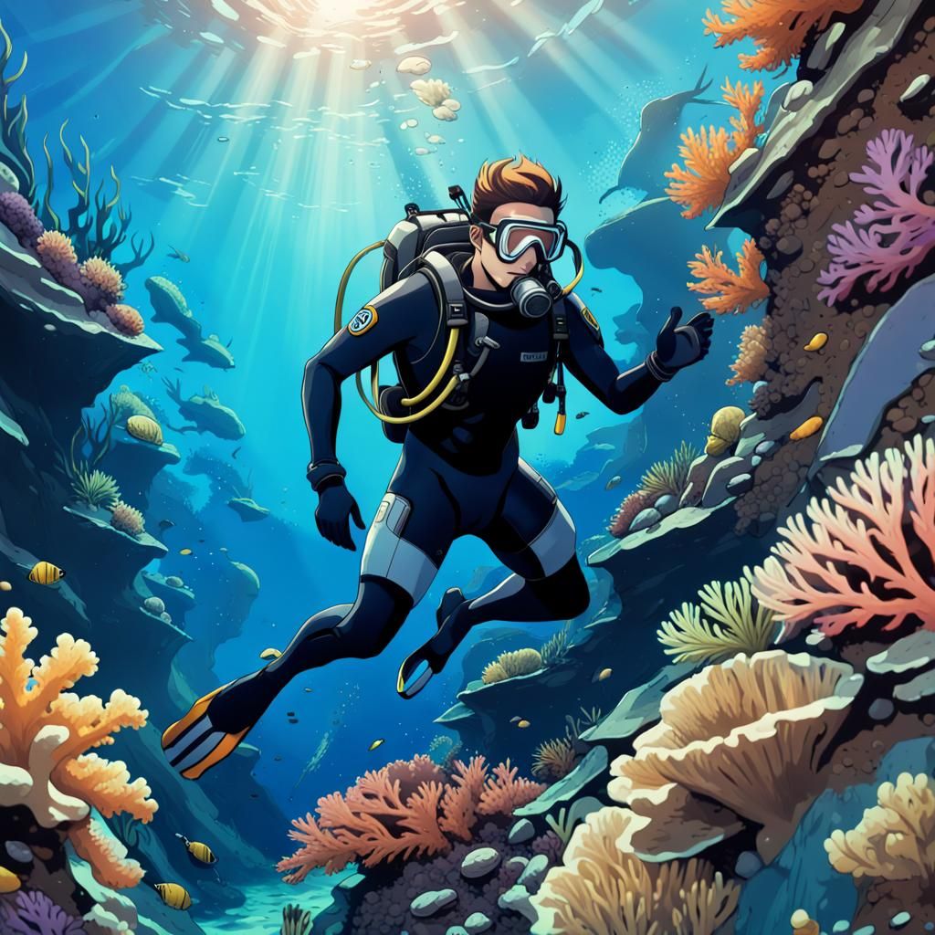 Scuba Diver in Vibrant Reef: Anime-Style Art