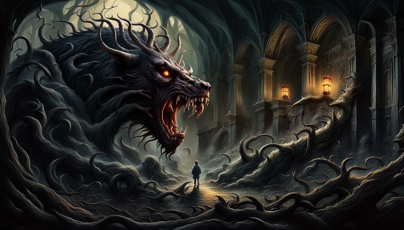 Fantastical Beast in Dark Cave: Concept Art