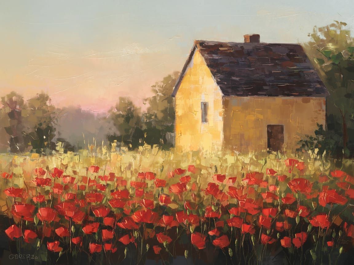 Serenic Countryside Scene at Sunset in Impressionistic Style