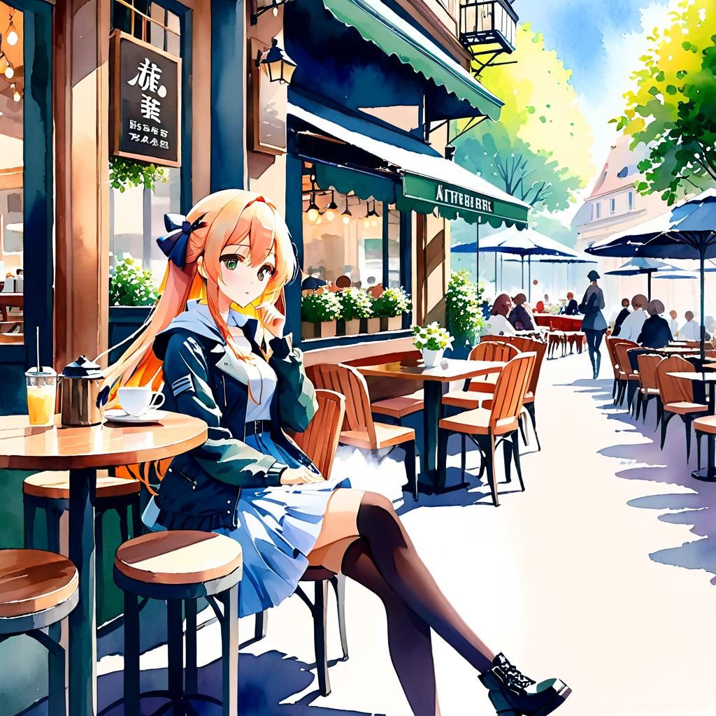 Anime Girl at Cafe in Watercolor Style
