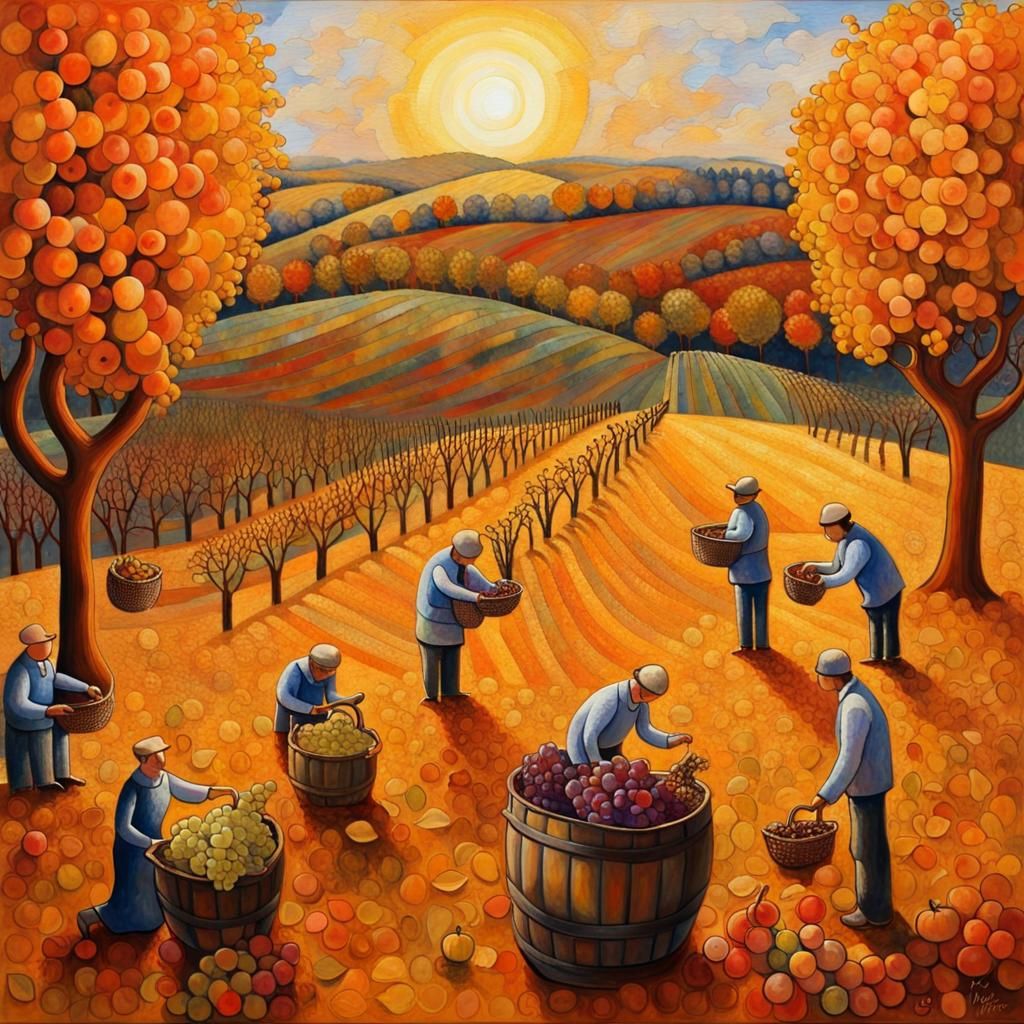 Autumn Vineyard Harvest: 3D Impasto Scene