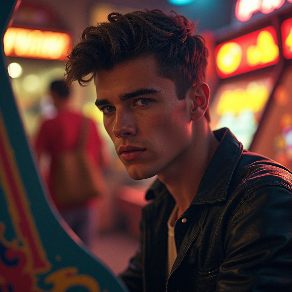 Man Enthralled by Retro Arcade Machine