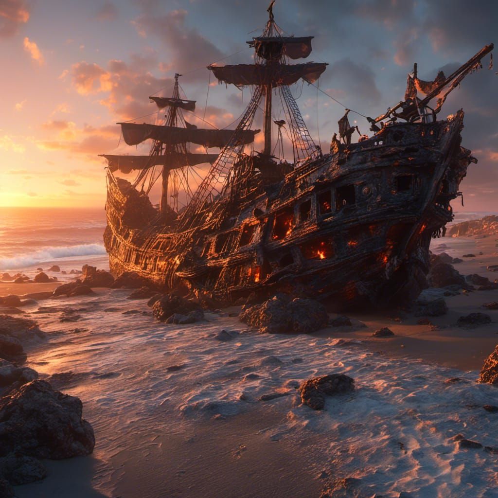 Charred Pirate Shipwreck on Beach in Grimdark Style