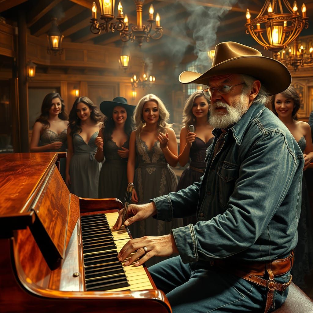 Weathered Cowboy Performs Ragtime in Elegant Saloon