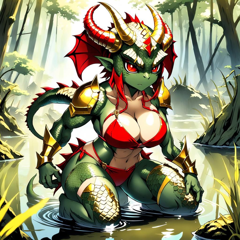 Muscle Lizard Woman in Gold Bikini Armor