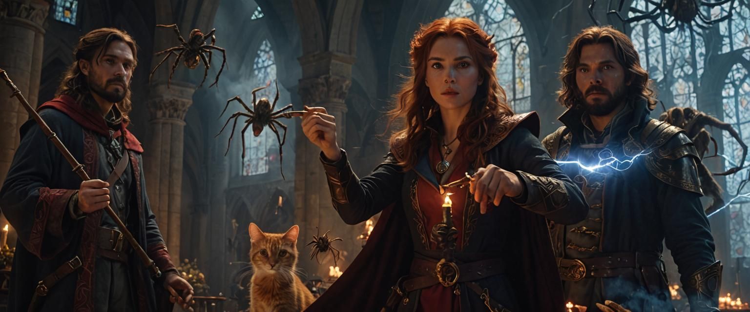 Cathedral Scene with Mages and Spiders