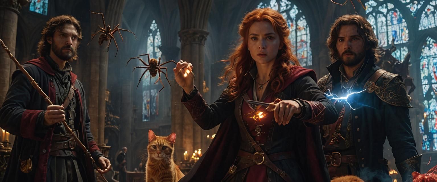 Mages and Cat in Gothic Cathedral, Cinematic Film Still