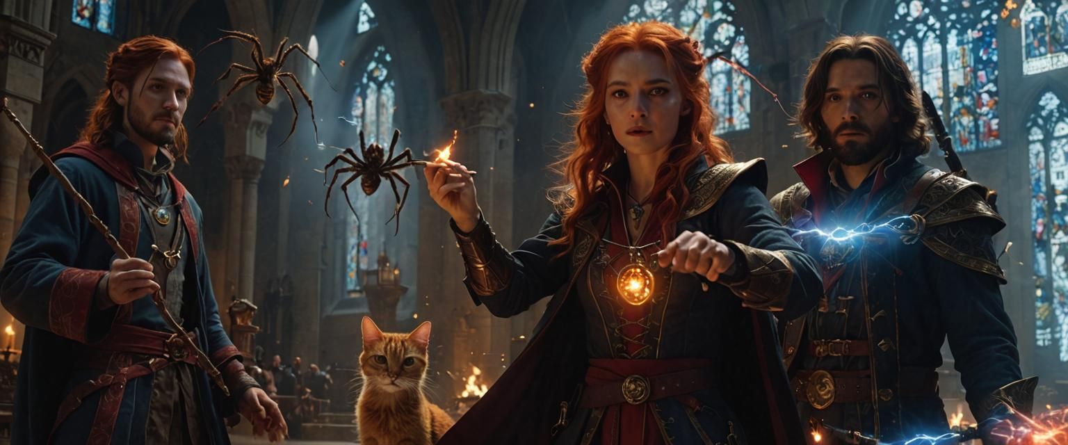 Mages Confront Spiders in Cathedral: Cinematic Still