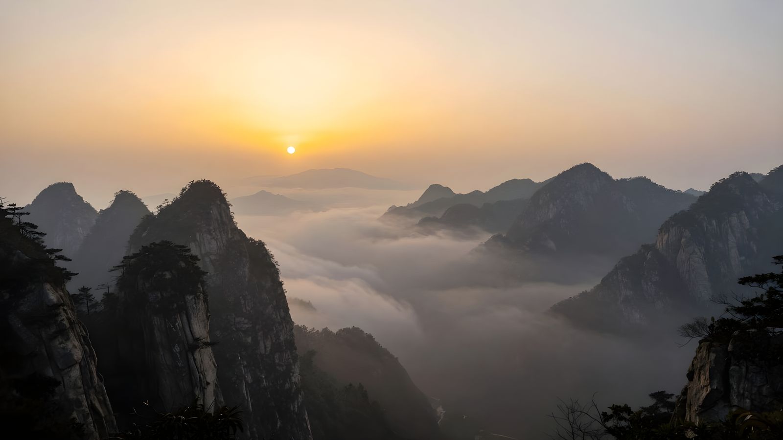 Magical Fantasy Sunrise Over Misty Mountains