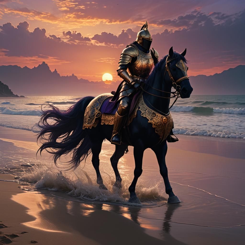 Black Knight Rides Horse on Beach at Sunset