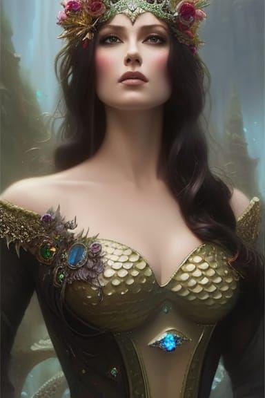 Mermaid Goddess in Emerald Corset: Digital Art