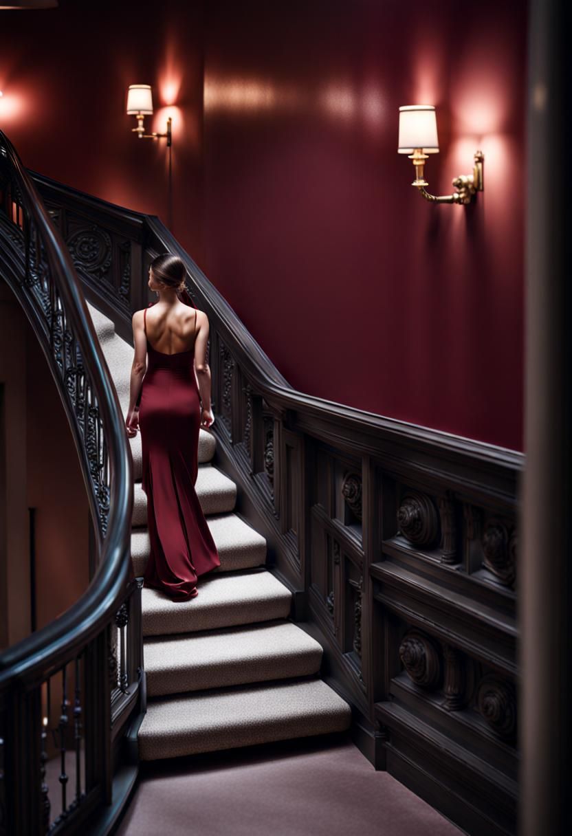 Elegant Woman in Maroon Dress Walking Upstairs