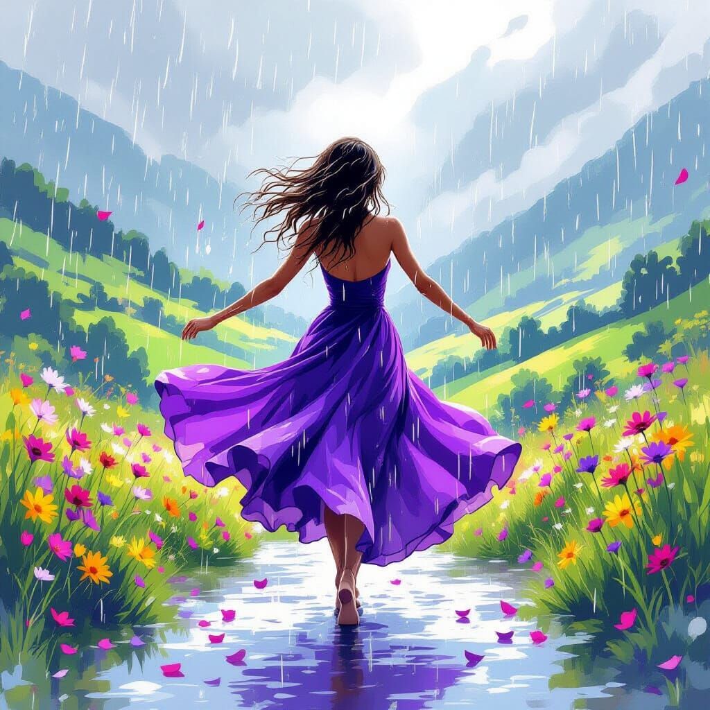 Woman Dancing in Rain, Watercolor Style