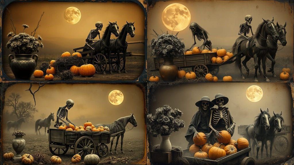 Vintage Skeleton Couple Harvest Pumpkins in Eerie Moonlight