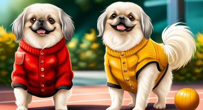 Pekingese Dogs Play Pickleball on Sunny Morning