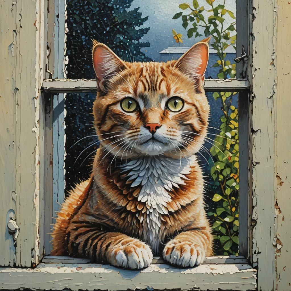 Cat on Window as Pointillist Oil Painting