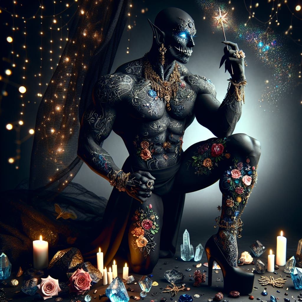 Fabric Witch with Crystal Wand in Cosmic Scene