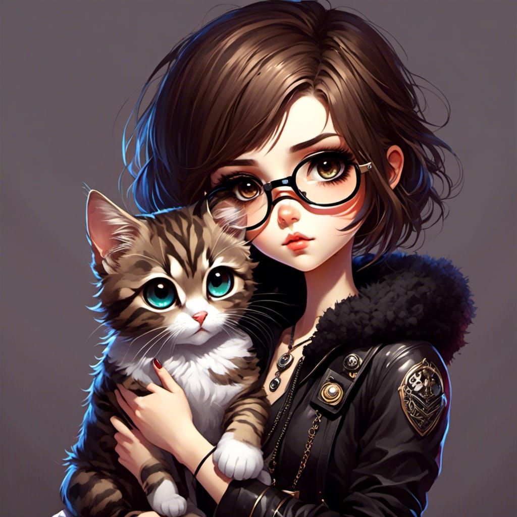 Sad Emo Girl with Cat in Chibi Style