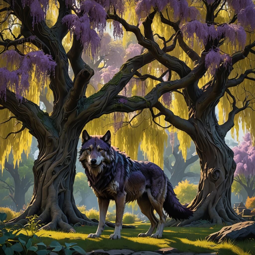Giant Wolf Under Willow Tree, Dark Fantasy Art