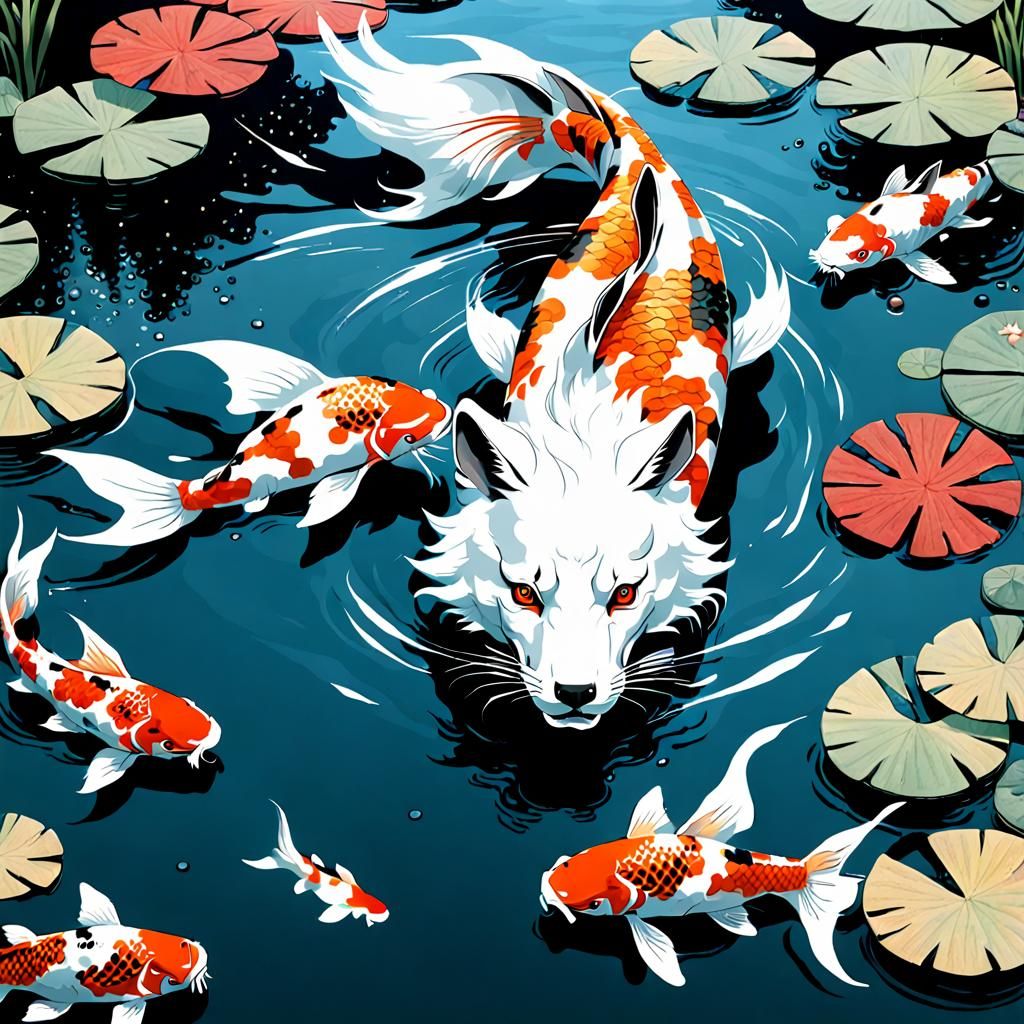 Wolf-Fish and Koi in Pond: Japanese Art Style