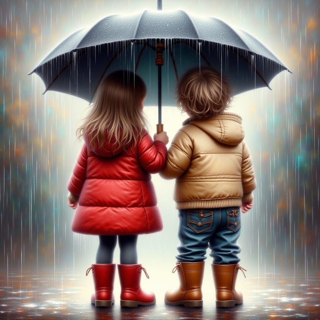 Children Under Umbrella in Rain, Impressionistic Style