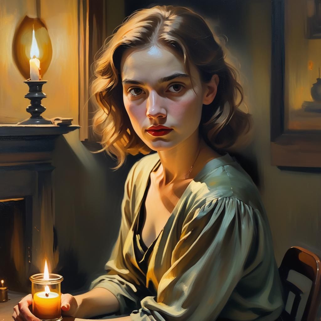 Ethereal Woman in Candlelit Portrait as Oil Painting