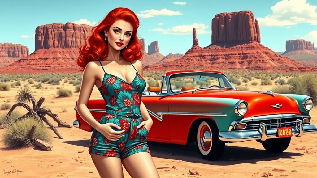 Retro Pin-Up Girl with Vintage Car in Desert