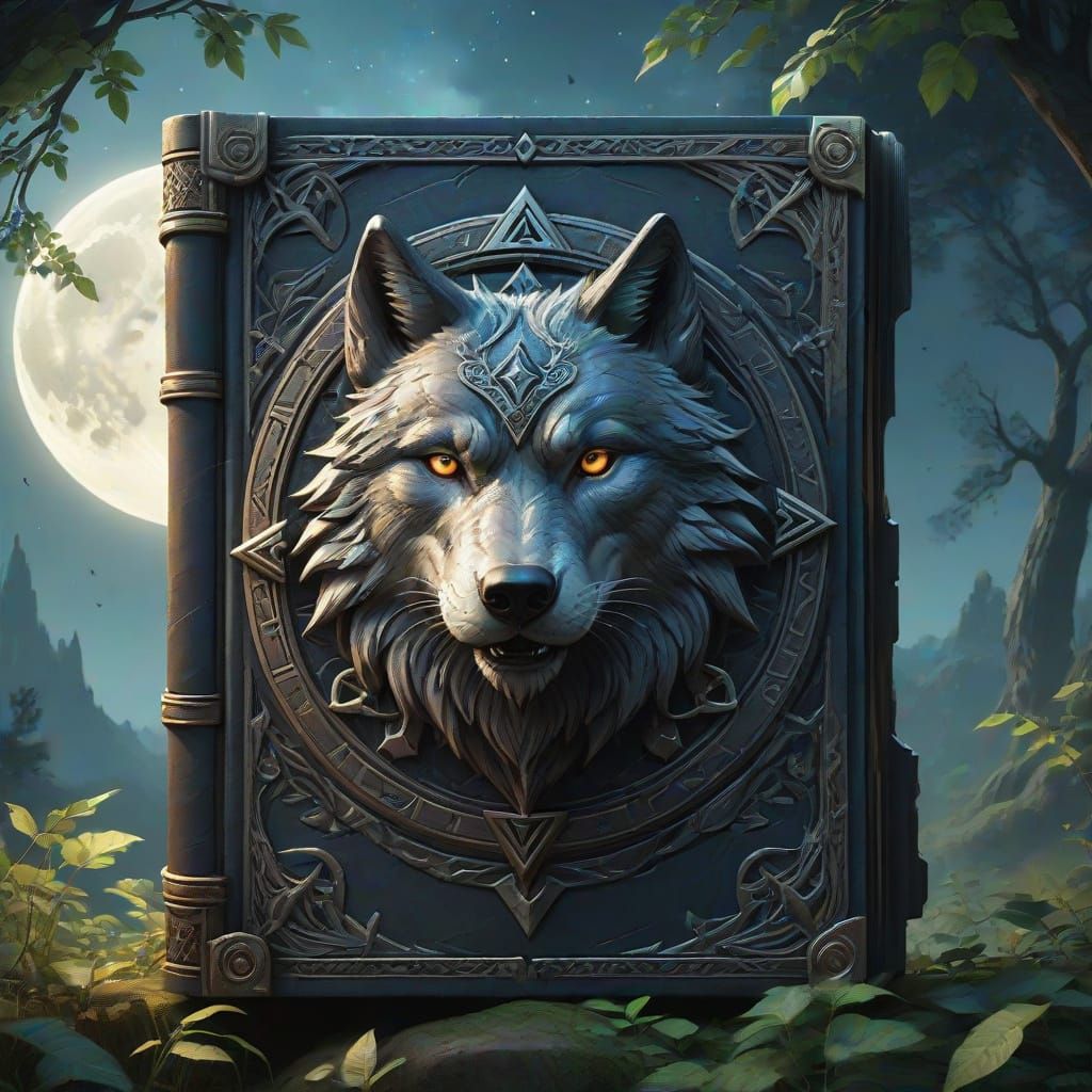 Epic Fantasy Book Cover with Heptagram Symbols, Wolf and Fai...