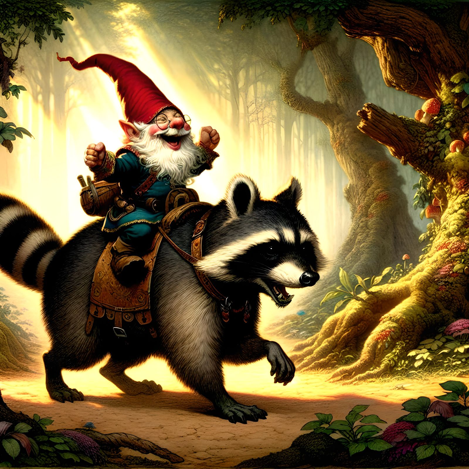 Gnome riding a raccoon , fantasy illustration style of late 19th and early 20th century