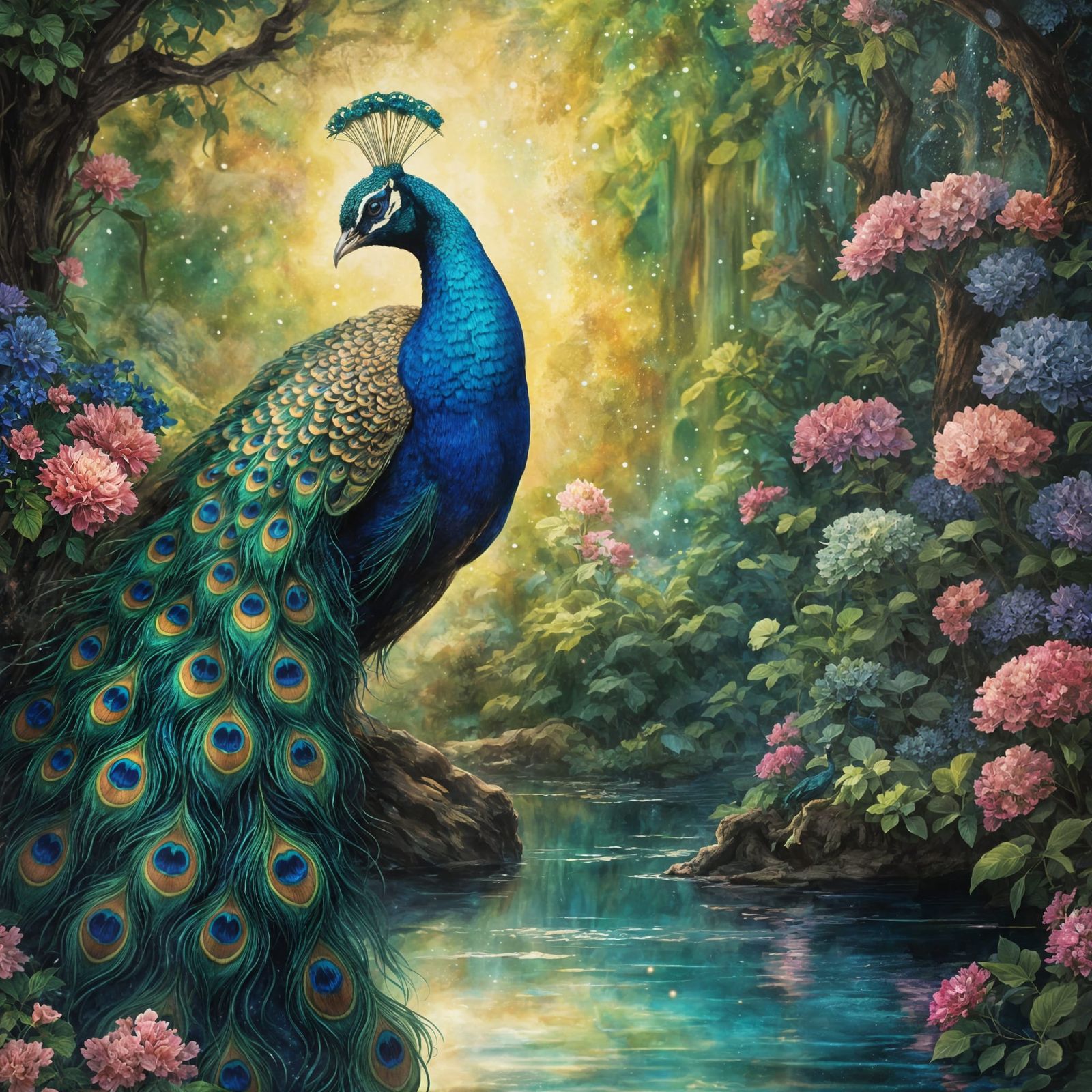 Majestic Peacock in Lush Jungle Paradise, Cosmic Illuminatio...