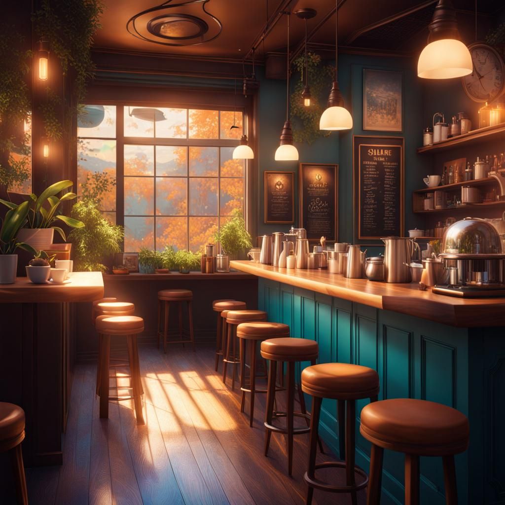 Dreamy Cafe Interior in Hyperrealistic Splash Art