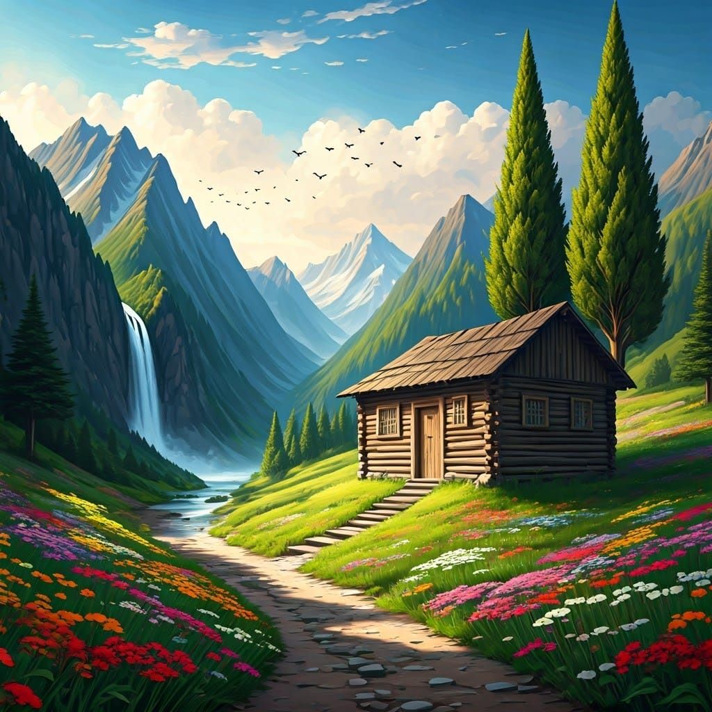 Mountain Cabin with Waterfall in Surrealist Style