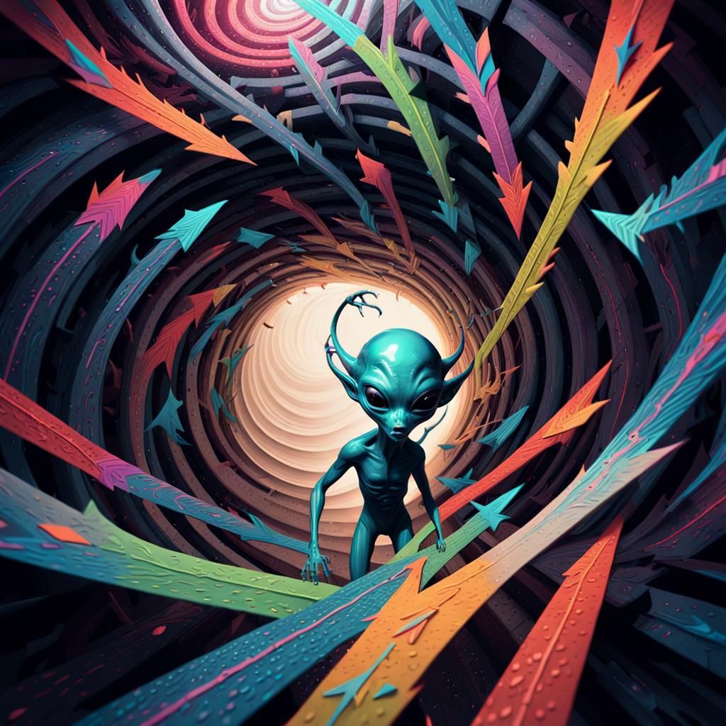 Alien in Tunnel of Swirling Patterns: Digital Art