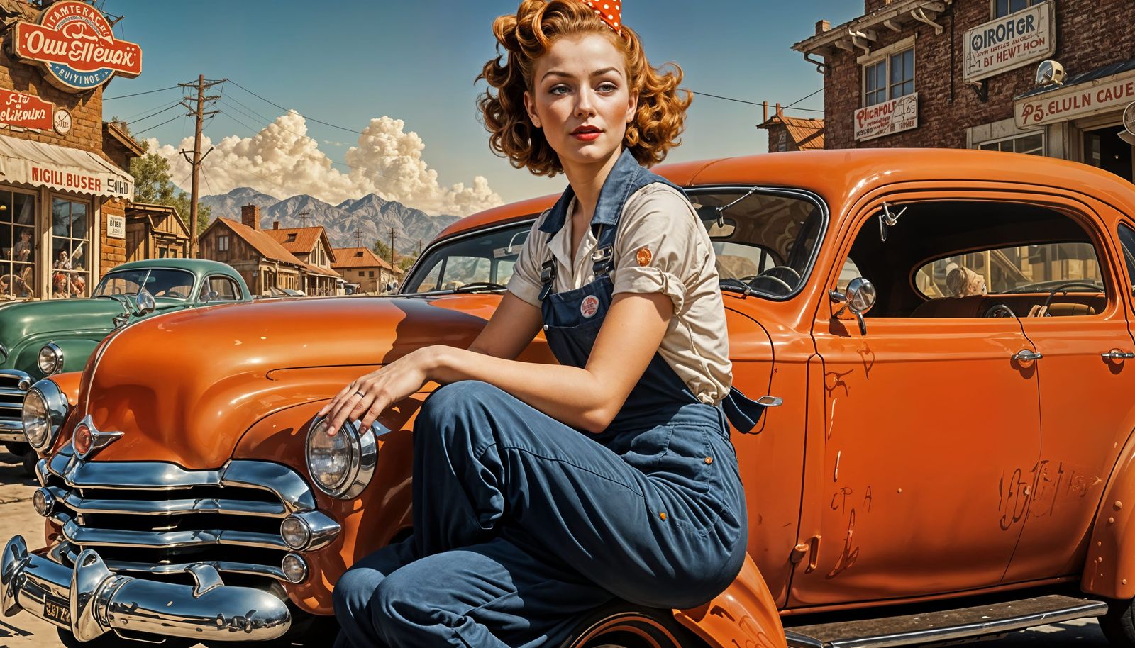 Vintage Pin-Up Mechanic in 1950s Garage