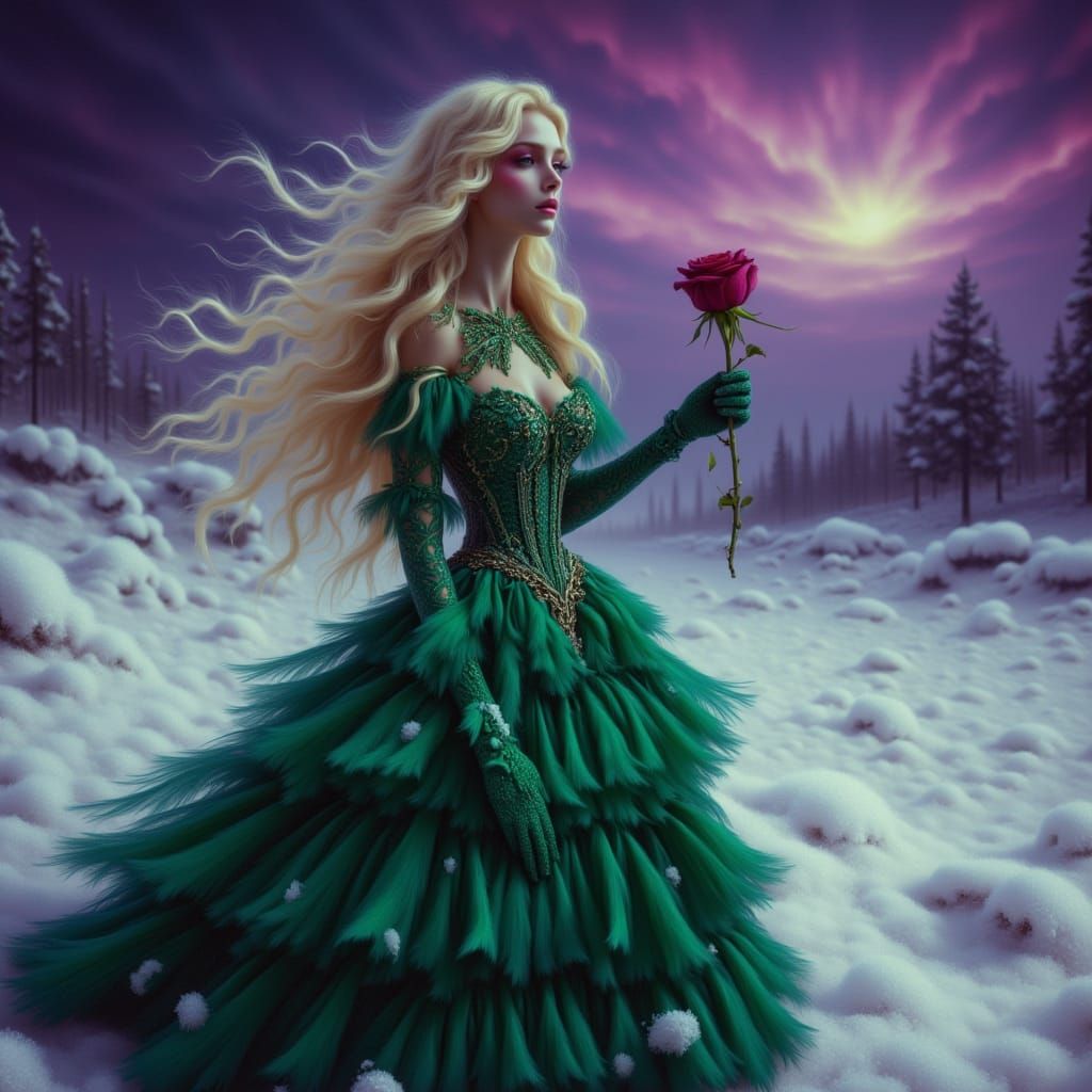 Princess in Green Gown on Snowy Battlefield