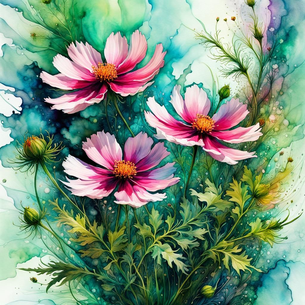 Fantasy Cosmos Flowers in Watercolor Style