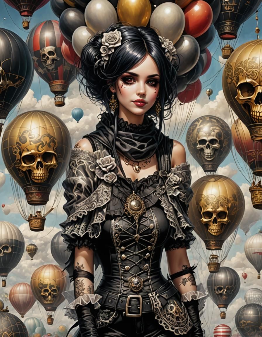 Goth Punk Woman in Skull Hot Air Balloon
