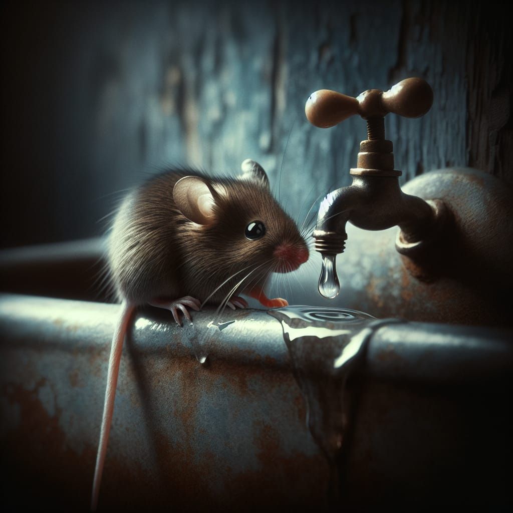 Mouse Sipping Water from Faucet in Dramatic Lighting