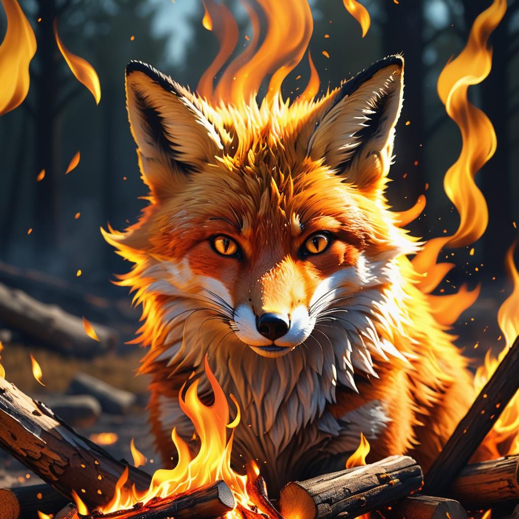 Fiery Fox Erupts from Campfire in Vibrant, Photorealistic Di...