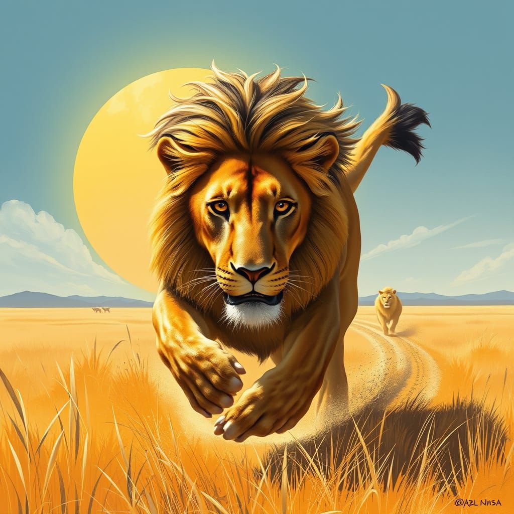 Lion Charging Across Savanna, Atmospheric Realism