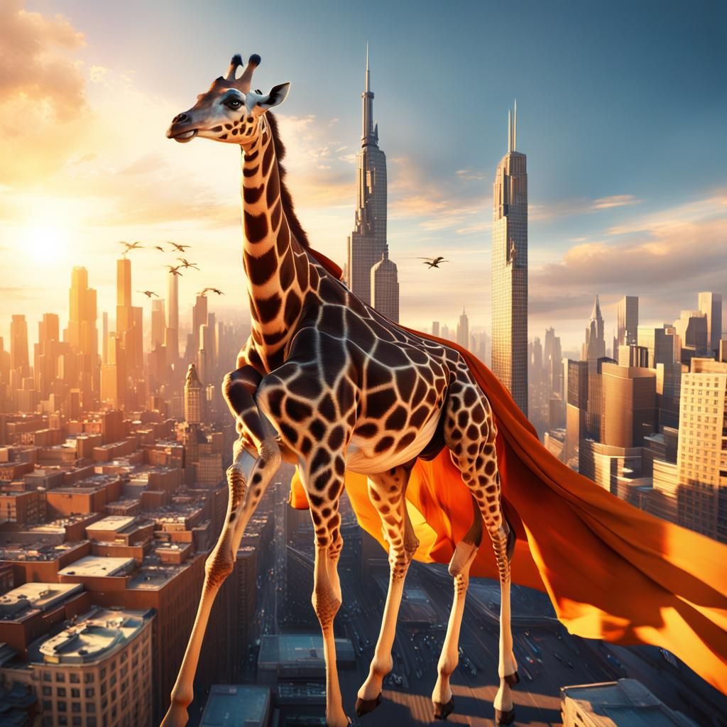 Epic Super Giraffe Soars Above the City in Golden Hour Glory