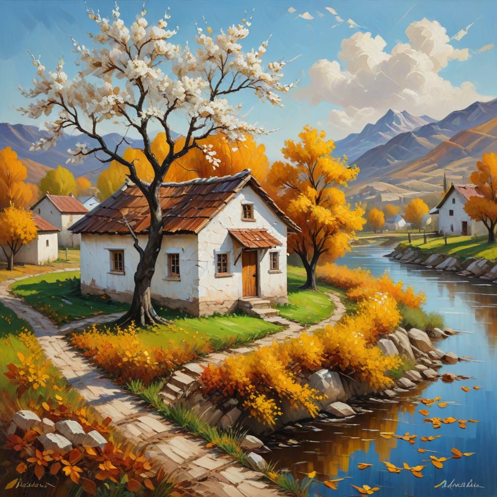 Autumn House and Almond Tree Painting with White Leaves