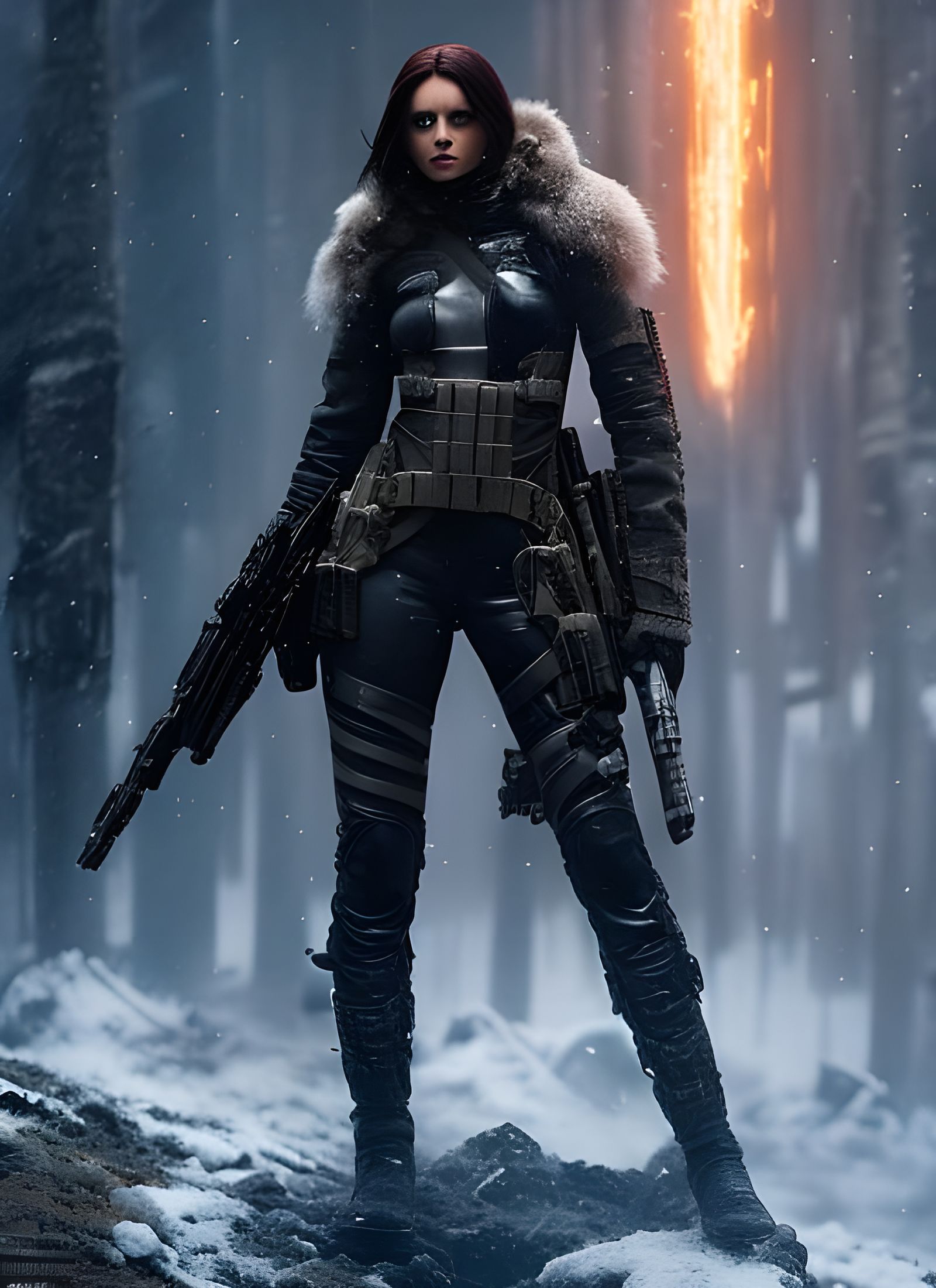 Futuristic Winter Soldier on Snowy Battlefield