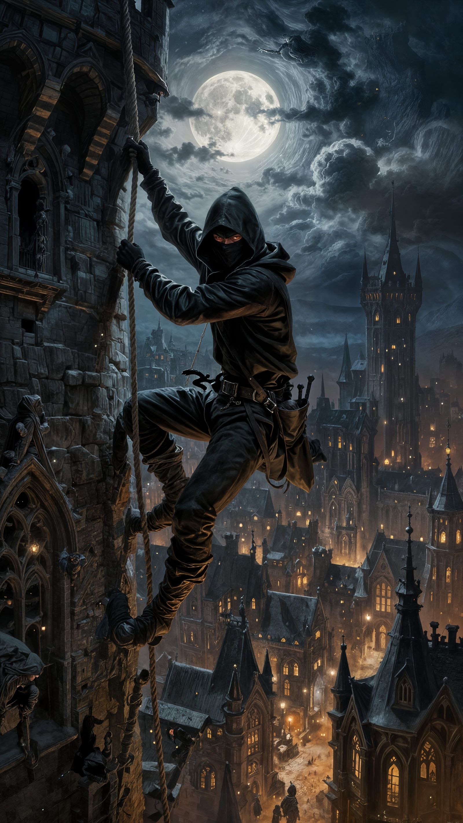 Hooded Thief Ascends Medieval Tower Under Full Moon