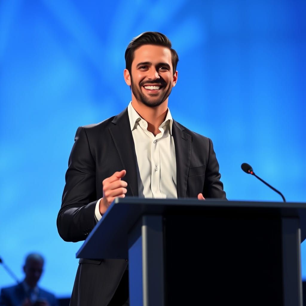 Charismatic Futuristic Presenter in High-Tech Aesthetic